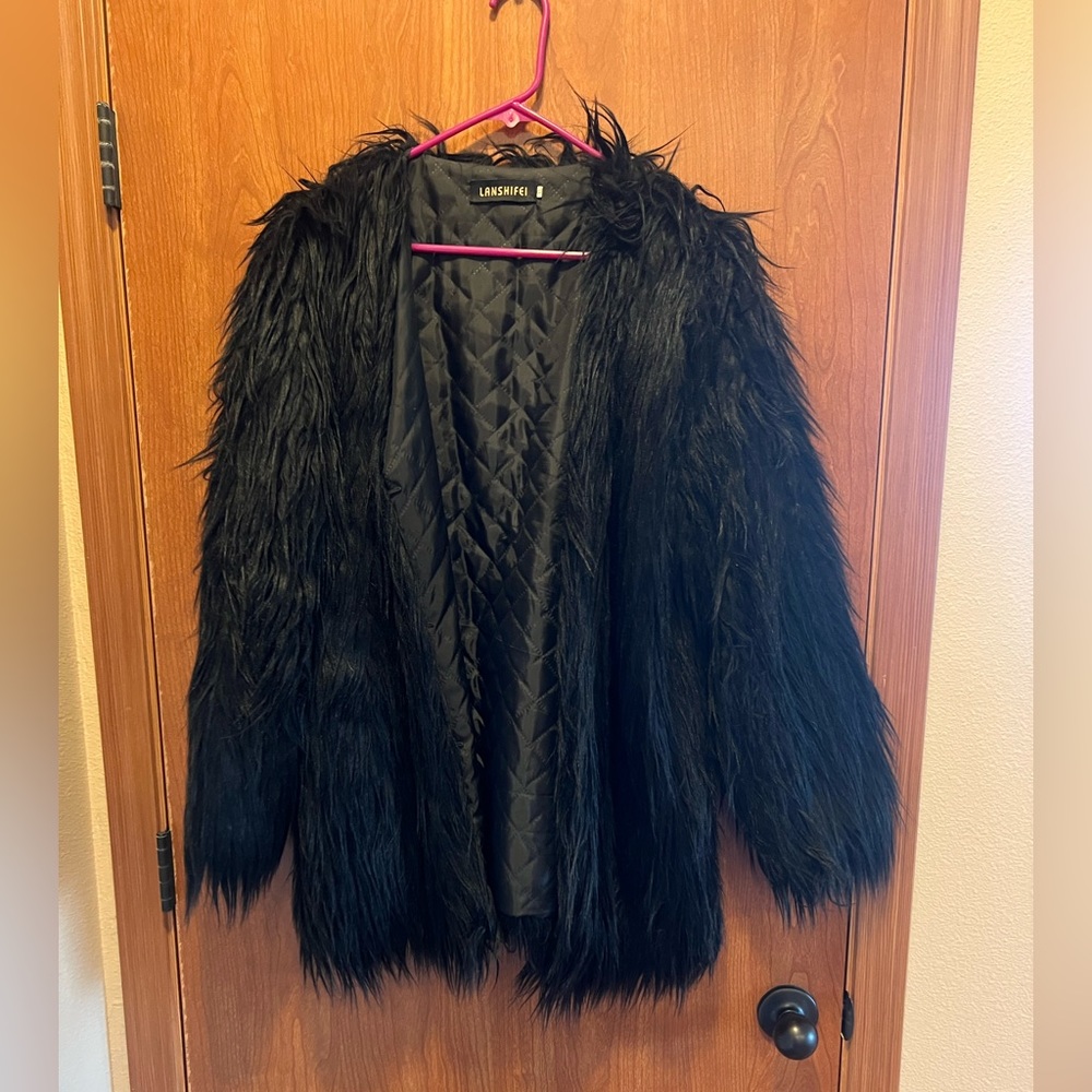 Black shaggy faux fur coat
